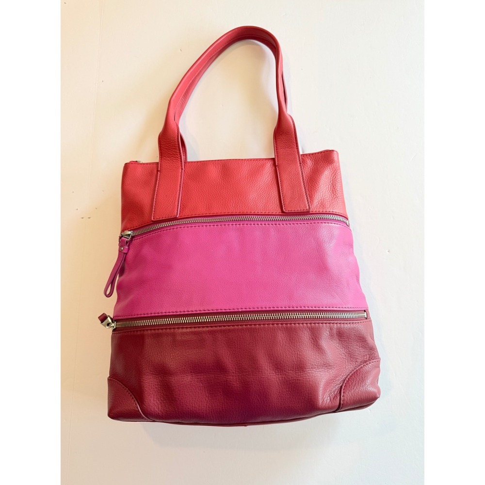 Fossil Tri-Color Pink Red Leather Colorblock Tote Shoulder Bag Zip Top
